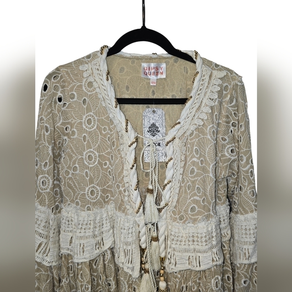 Gipsy Queen Barok Paris Boho Eyelet Lace Embroidered Open Tie-Front Cardigan Tan - Picture 5 of 16